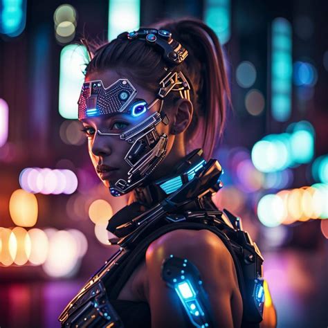 Portrait Of A Cyborg Girl Wearing Futuristic Face Armor In A Neon City