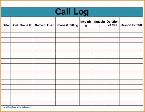 Call Log Excel Template Free - NAWSLA