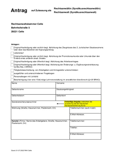Fillable Online Antrag Auf Zulassung Als Rechtsanwaltskammer Celle