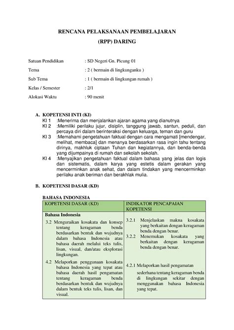 Rpp Kelas Tema Subtema Pembelajaran Rencana Pelaksanaan