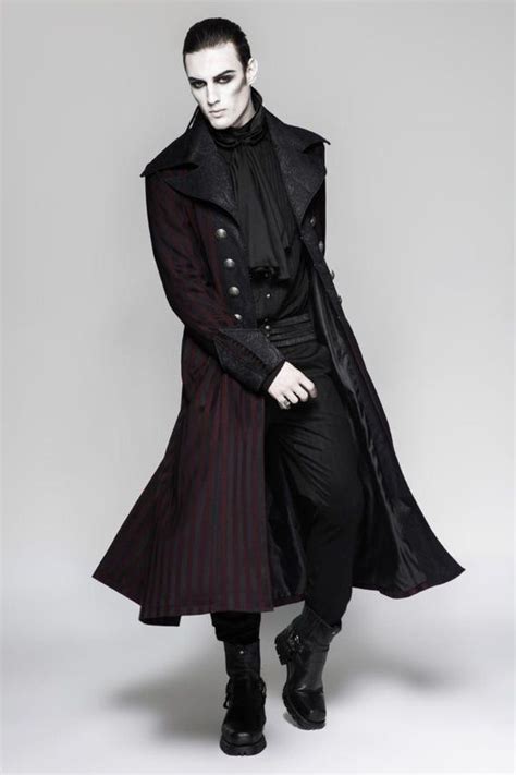 Mens Trench Coat Red Black Striped ~ Trench Steampunk Gothic Style Wide Accent Collar Vegan