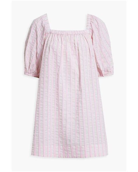 Ganni Gathered Striped Cotton Seersucker Mini Dress In Pink Lyst