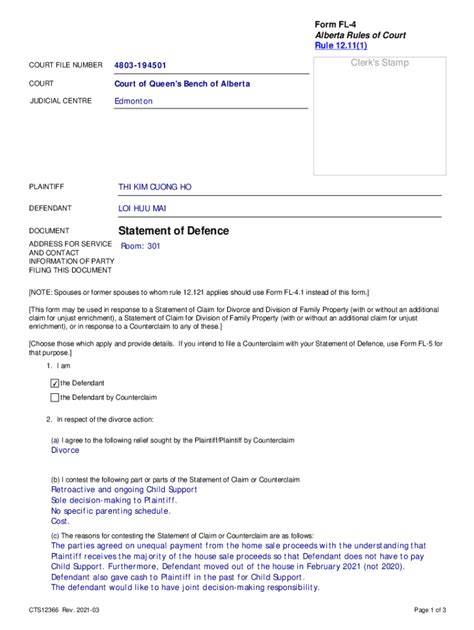 Fillable Online Statement Of Defence Fl This Form Is Required Under