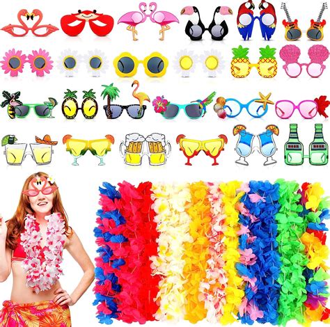 Juego De 24 Pares De Lentes Hawaianos Y 24 Collares Hawaianos Leis