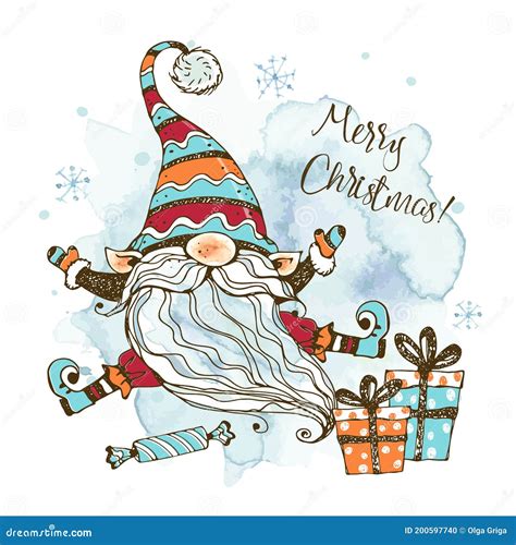 Christmas Card With Cute Nordic Gnome With Gifts Watercolors And