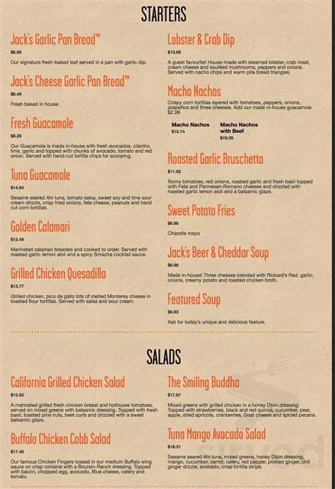 Jack Astor S Bar Grill Menu In St John S Newfoundland And Labrador