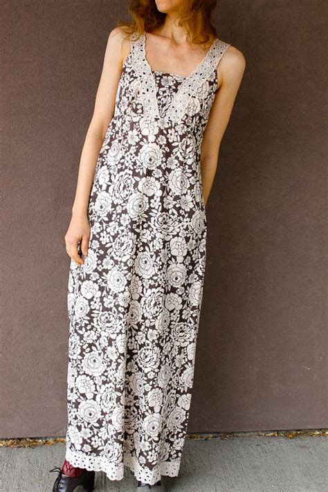 Vintage 1970s Cotton Boho Sun Dress Maxi Brown And Cream