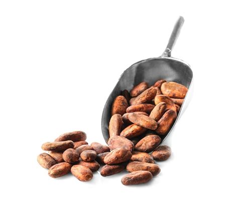 Premium Photo Metal Scoop With Aromatic Cocoa Beans On White Background