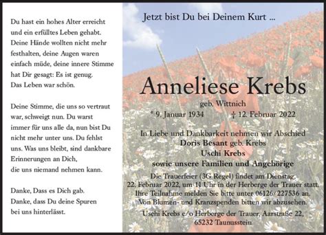 Traueranzeigen Von Anneliese Krebs Vrm Trauer De