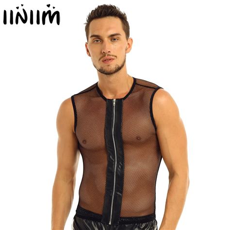 Iiniim Men See Through Mesh Fishnet Zipper Muscle Tank Top Sexy Night