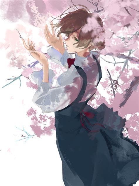 Safebooru 1girl Absurdres Ahoge Breasts Brown Hair Cherry Blossoms