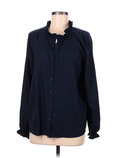 Ann Taylor Loft Outlet 100 Polyester Polka Dots Blue Long Sleeve