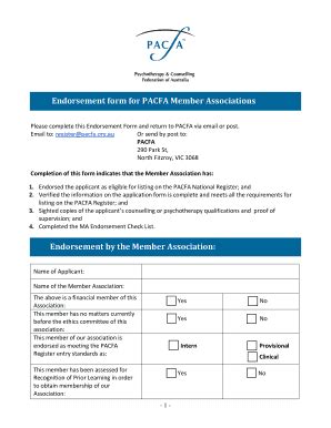 Fillable Online Endorsement Form For PACFA Member Associations Fax