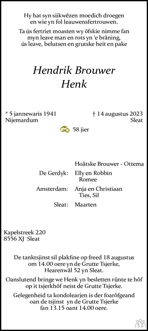 Hendrik Henk Brouwer Overlijdensbericht En Condoleances