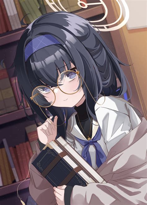 Safebooru Absurdres Adjusting Eyewear Black Hair Blue Archive Blush