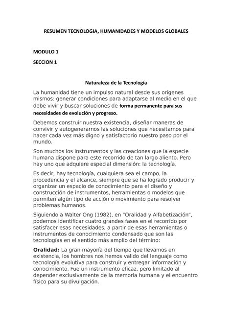 Resumen Modulo Resumen Tecnologia Humanidades Y Modelos Globales