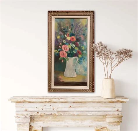 Ancien Tableau Huile Grande Toile Nature Morte Aux Fleurs Sign Avec