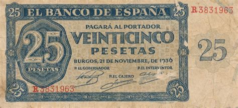 Spanien 25 Pesetas 1936 Geldschein Banknote Veinticinco Pesetas IV MA