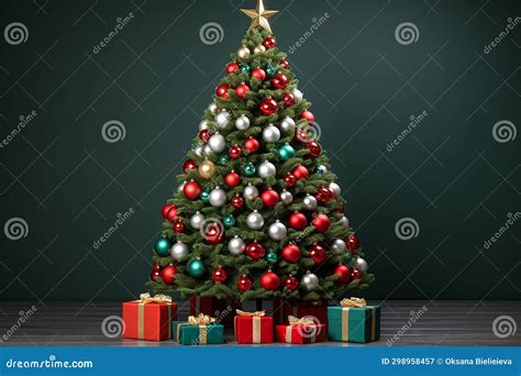 A Huge Christmas Tree with Bright Lights and Presents. Stock Image ...