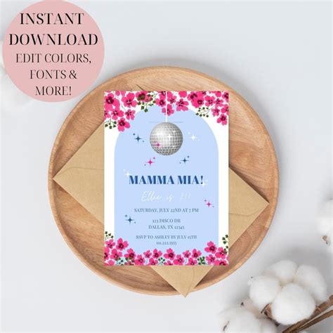 Editable Mamma Mia Birthday Invitation Mamma Mia Disco Greek Birthday