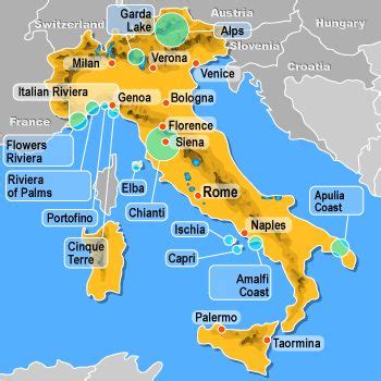 a map of italy with all the major cities and towns labeled in yellow on it