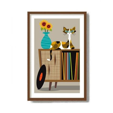 Calico Cat Print Mid Century Modern Wall Art Retro Sideboard Vinyl