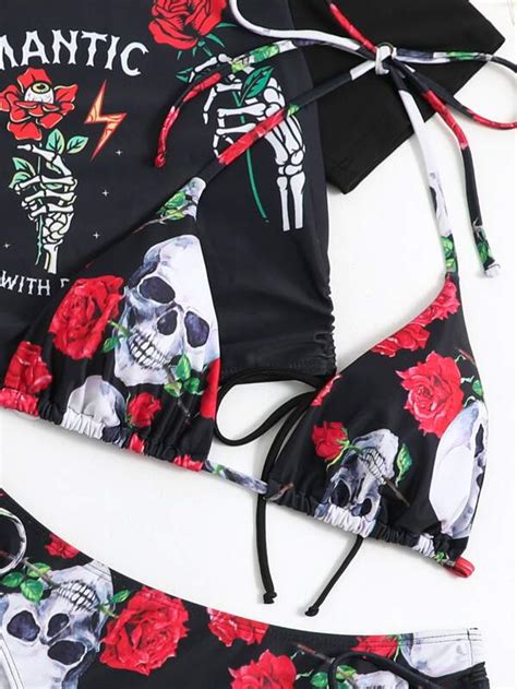 SHEIN Swim Y2GLAM Floral Skeleton Print Bikini Set Triangle Bra