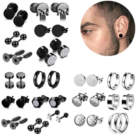 Stainless Steel Skull Black Stud Earring Set For Men Punk Earrings Set