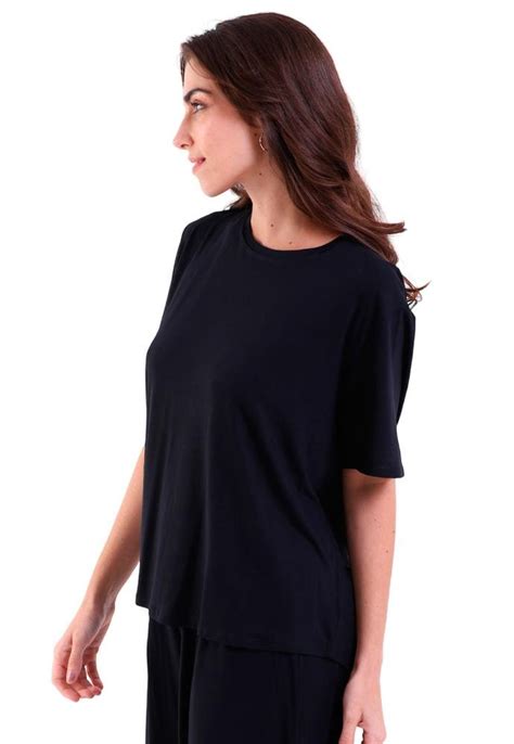 Blusa Feminina Manga Curta Fenda Nas Costas Visco Trendz Preto Preto