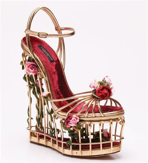 Dolce And Gabbana Calfskin And Caged Metal Floral Wedge Leather Strap