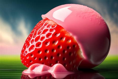 Premium Photo A Strawberry Ice Cream Is Melting On A Green Surface