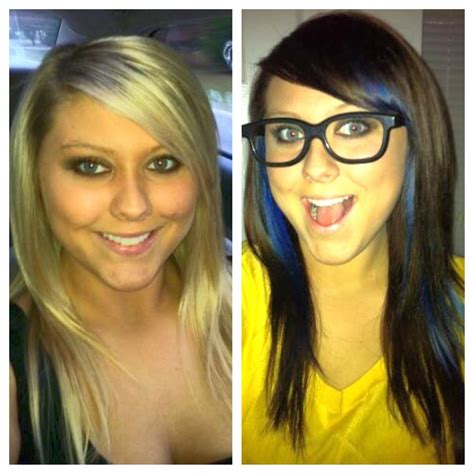Blonde To Dark Brown Hair Transformation With Blue Peekaboo Slices