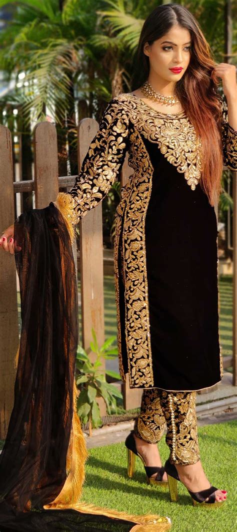 Festive Party Wear Black And Grey Color Velvet Fabric Salwar Kameez 1704733