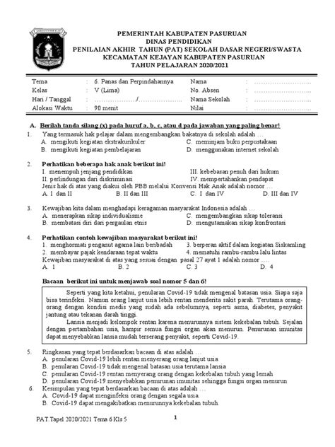 Soal Pat Tema 6 Tapel 2020 2021 Pdf