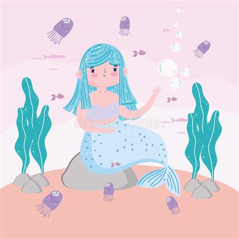 Cute Cartoon Mermaid Sitting Rock Stock Illustrations 190 Cute