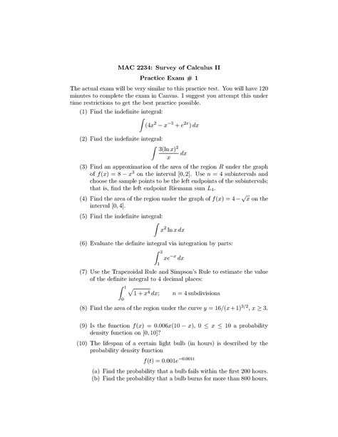 Exam1prep Exam Practice Material MAC 2234 Survey Of Calculus II