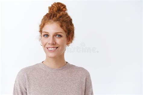 Close Up Gorgeous Tender Feminine Redhead Woman With Blue Eyes Curly