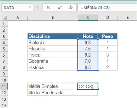 Excel Básico Média ponderada a função SOMARPRODUTO Excel Sem