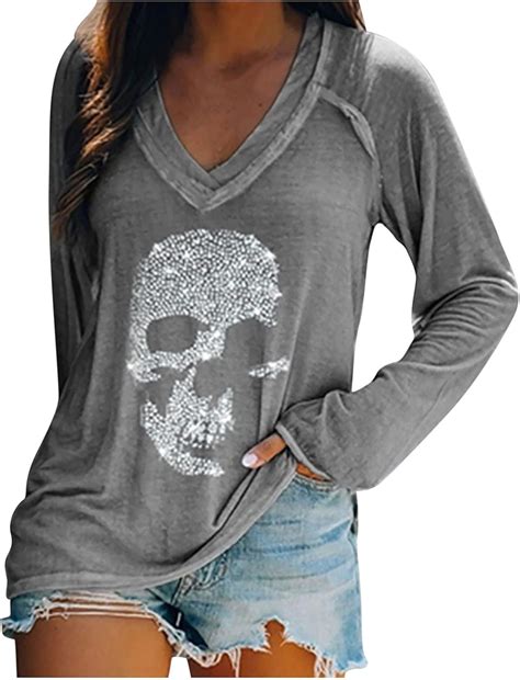 Womens Sugar Skull Diamond Long Sleeve T Shirt Loose V Neck Tunic Tops