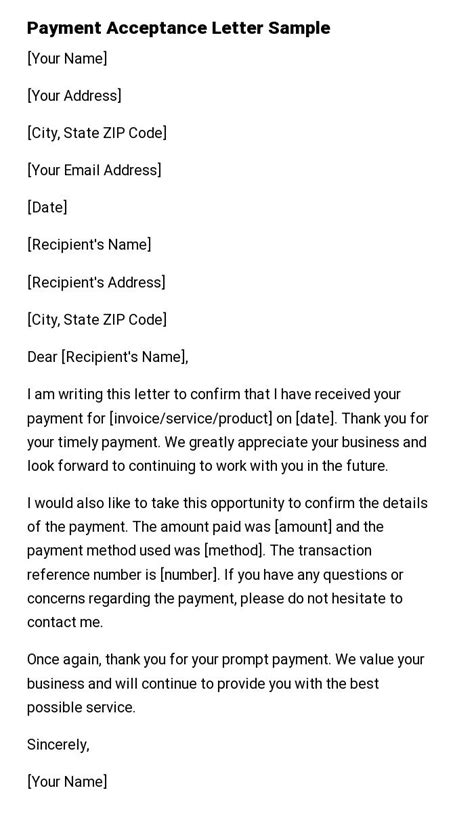 Payment Acceptance Letter Sample