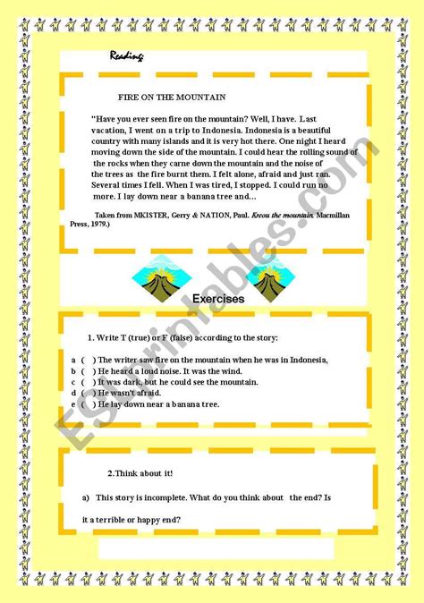 Readingfire On Mountain Esl Worksheet By Paulinha77