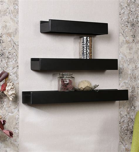 Buy Set Of Engineered Wood Floating Wall Shelf In Black Colour By