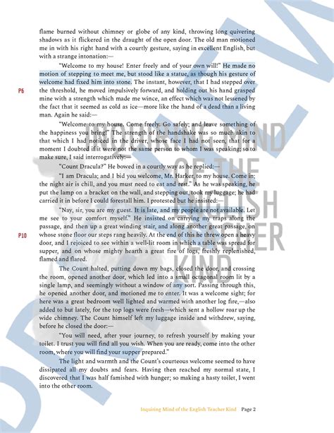 Dracula Chapter 2 Close Reading Analysis Worksheet and Answer Key