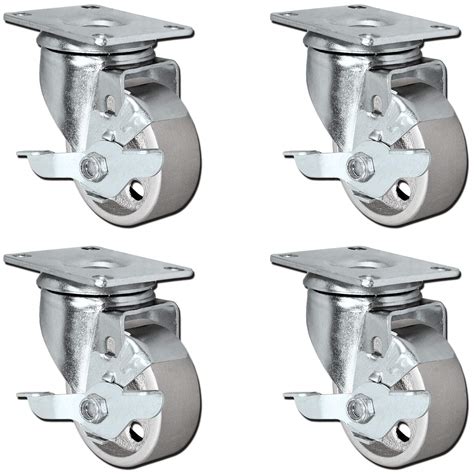 Set Of All Steel Swivel Plate Caster Wheels With Brakes Locking