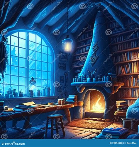Illustration Of A Fairy Tale Room With A Fireplace And Bookshelf Ai