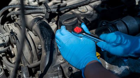 Car Mechanic Repairman Hands Repairing Car Engine Of Car Workshop With