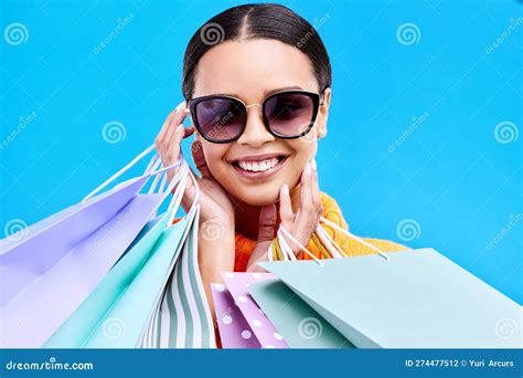 Shopping Bags Studio And Happy Woman Portrait With A Smile And