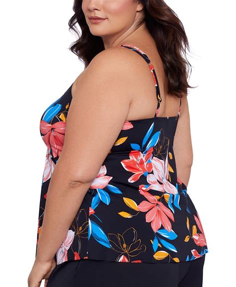 Swim Solutions Plus Size Floral Print Pleated Tankini Top Created For