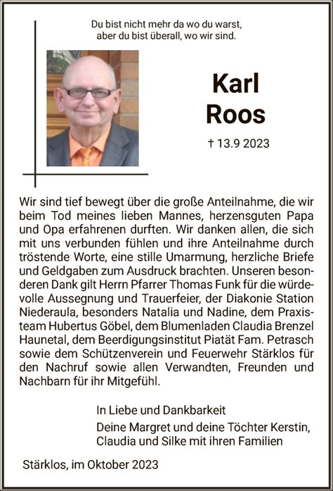 Traueranzeigen Von Karl Roos Trauer Hersfelder Zeitung De