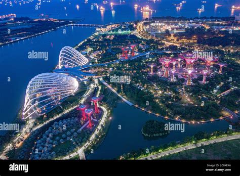 Aerial Night View Of Gardens By The Bay From Marina Bay Sands Hotel